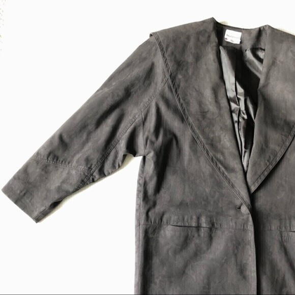 80s Vintage Faux Suede Cocoon Coat 1 Button Oversized Shawl Collar Slate Gray - Picture 6 of 12